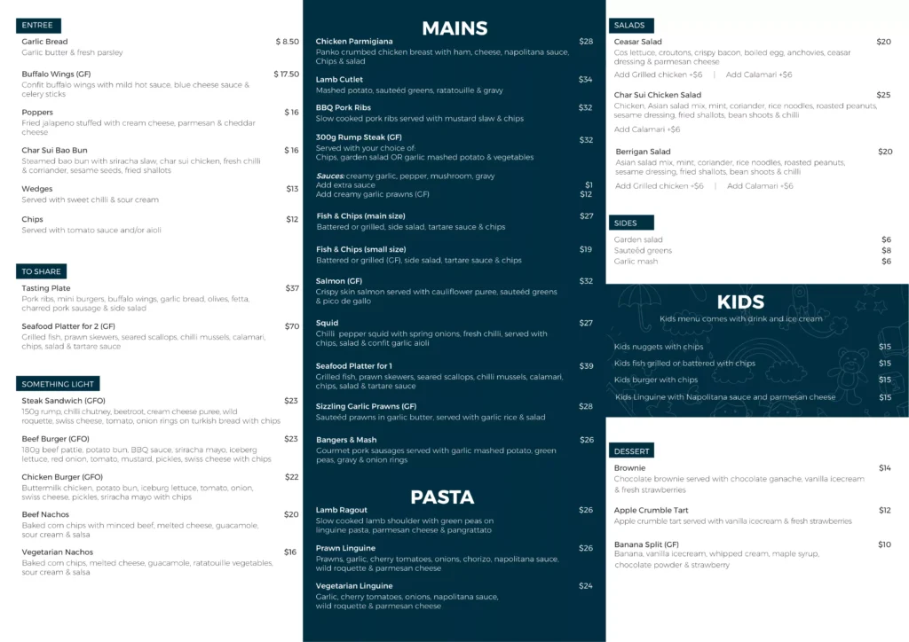 Berrigan Bar And Bistro Australia Menu