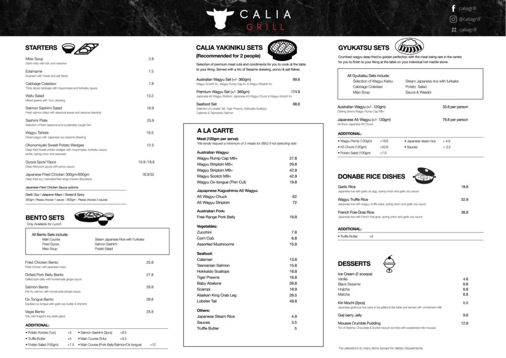 Calia Chadstone Menu Australia