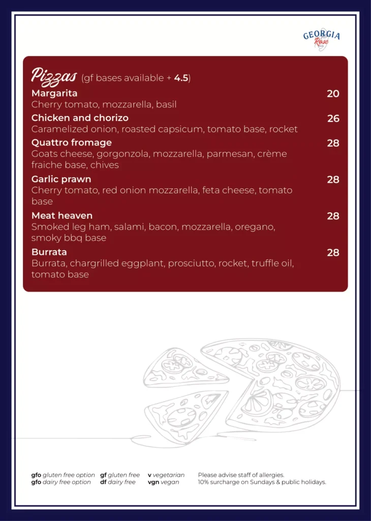 GEORGIA ROSE PIZZAS MENU