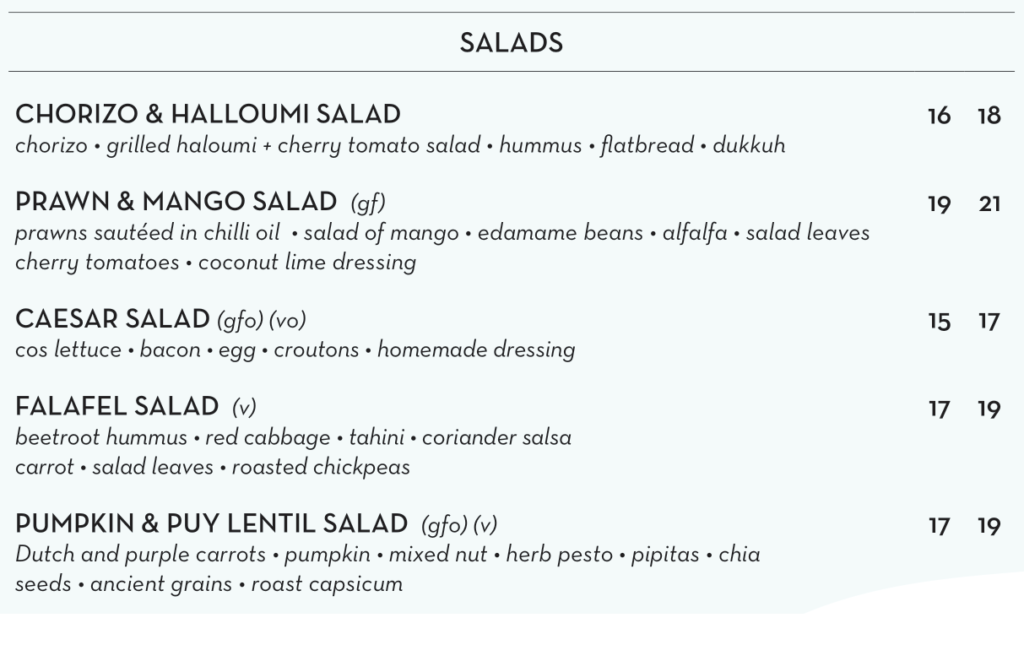 HARBORD DIGGERS MENU SALADS AUSTRALIA