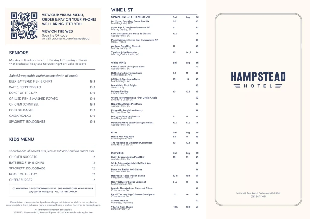 Hampstead Hotel Australia Menu