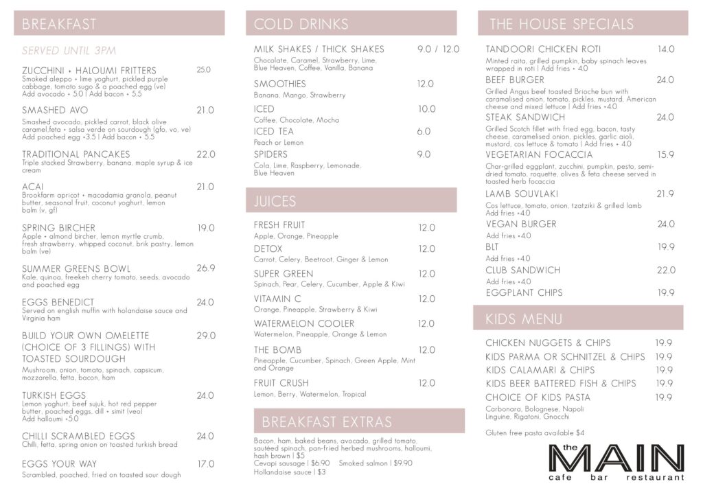 The Main Cafe Bar & Restaurant Australia Menu