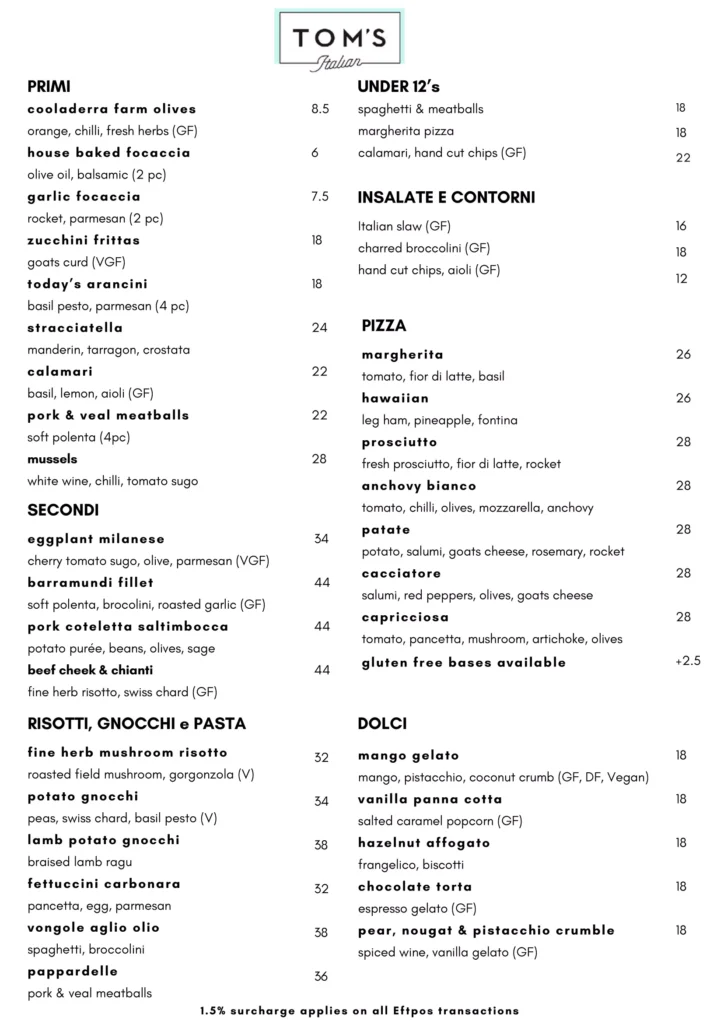 Tom's Italian Kitchen Menu