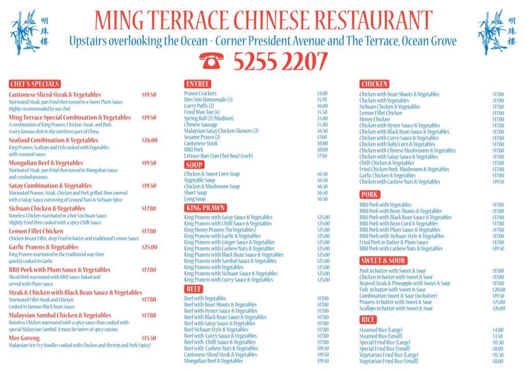 Ming Terrace Menu Australia