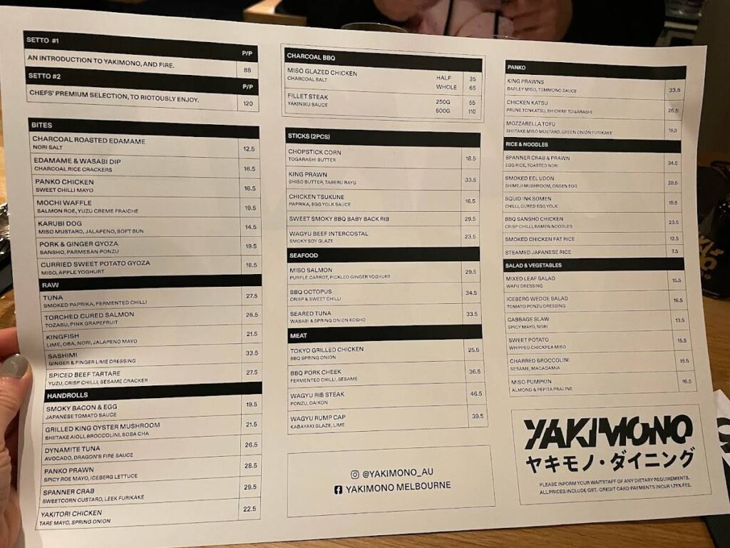 Yakimono menu Melbourne